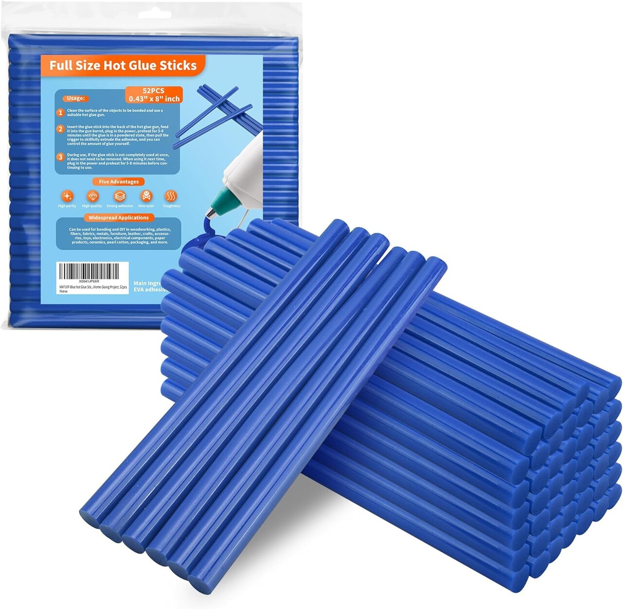 Blue hot Glue Sticks Full Size 0.43” Dia x 8” Long, 52 pcs Hot melt Adhesive Glue Sticks, All-Purpose Colored Glue Gun Sticks for Christmas Decoration Crafting Arts School Home Repair Bonding